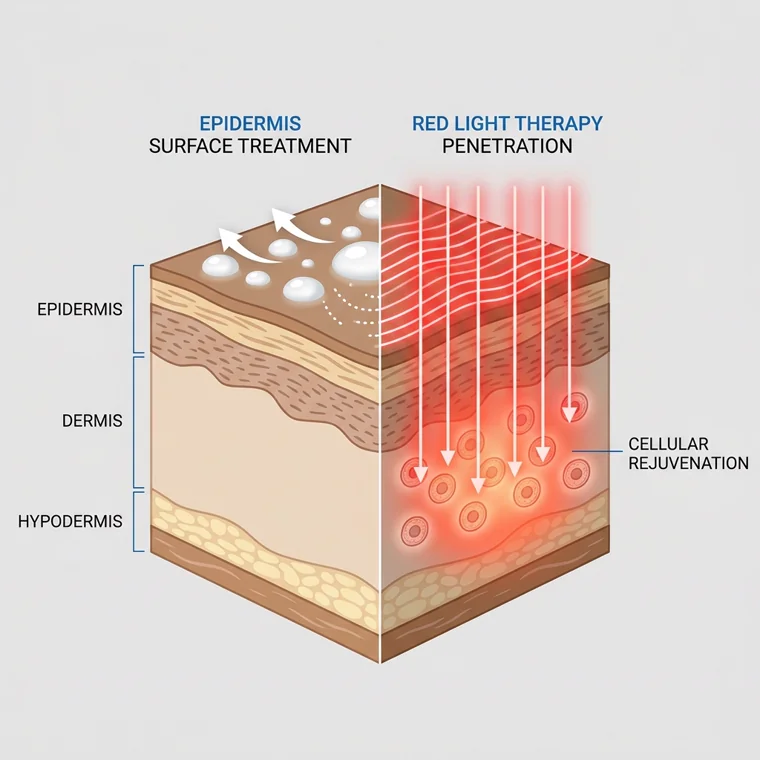 Diagrama: la luz roja de 630nm penetra la epidermis y la dermis para estimular la regeneración celular