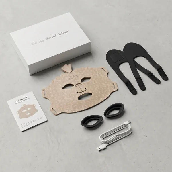 Kit completo Lumé: máscara LED, correas ajustables, cubre-ojos, cable USB y manual