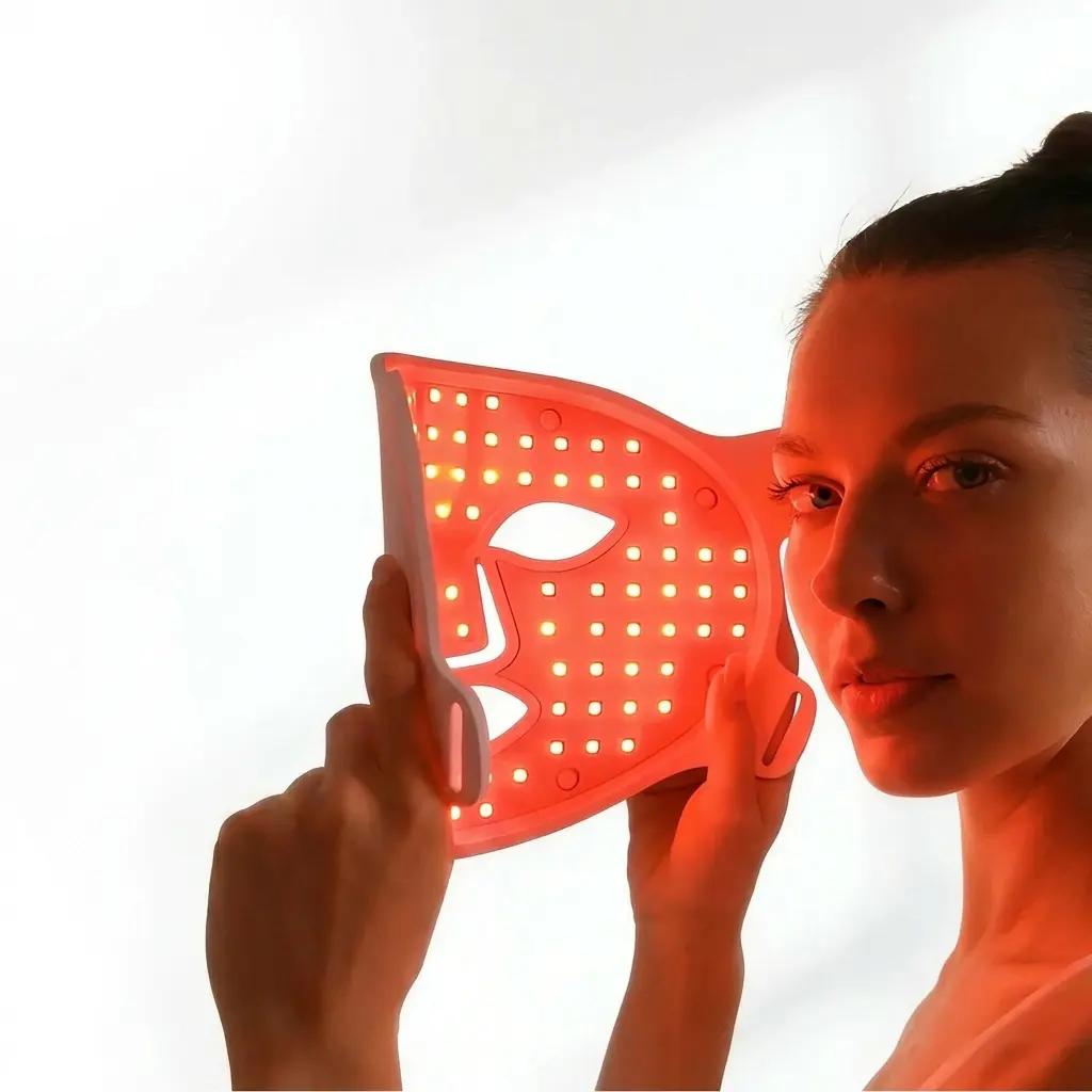 Máscara LED roja aplicada sobre el rostro — tratamiento de fototerapia